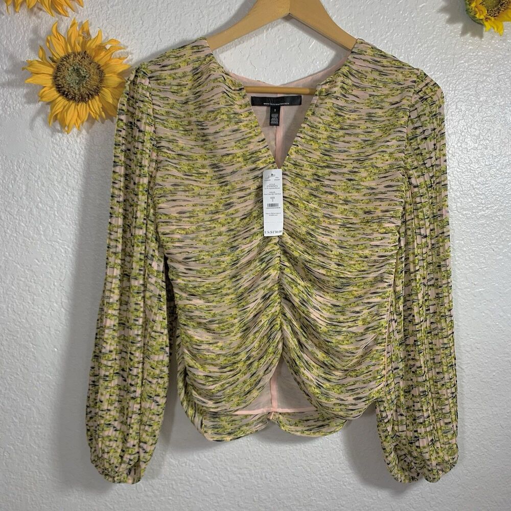 White House Black Market NWT MSRP $130 Ruched Bishop Sleeve Blouse Size 2 Small